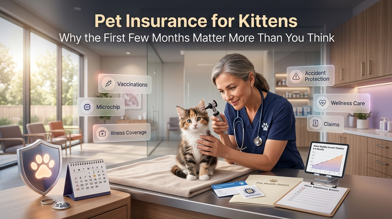 Veterinarian examining a young kitten during its first health checkup for pet insurance