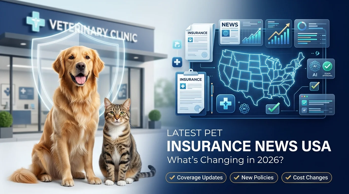Pets outside a vet clinic illustrating the latest 2026 changes to pet insurance coverage and costs in the USA
