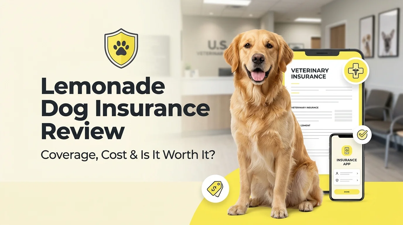 Dog with insurance documents highlighting Lemonade dog insurance coverage and benefits