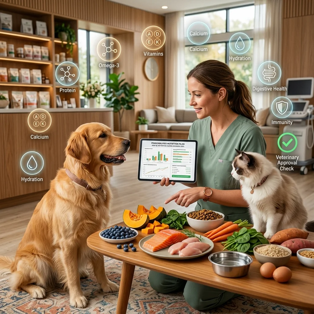 Veterinarian using a tablet to show pet health data with nutrition badges for immunity, hydration, and protection