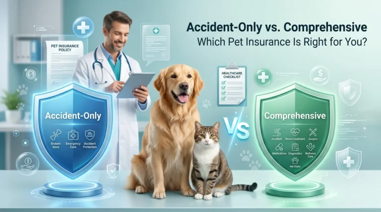 Veterinarian reviewing pet insurance policies with dog and cat comparing accident-only and comprehensive coverage options