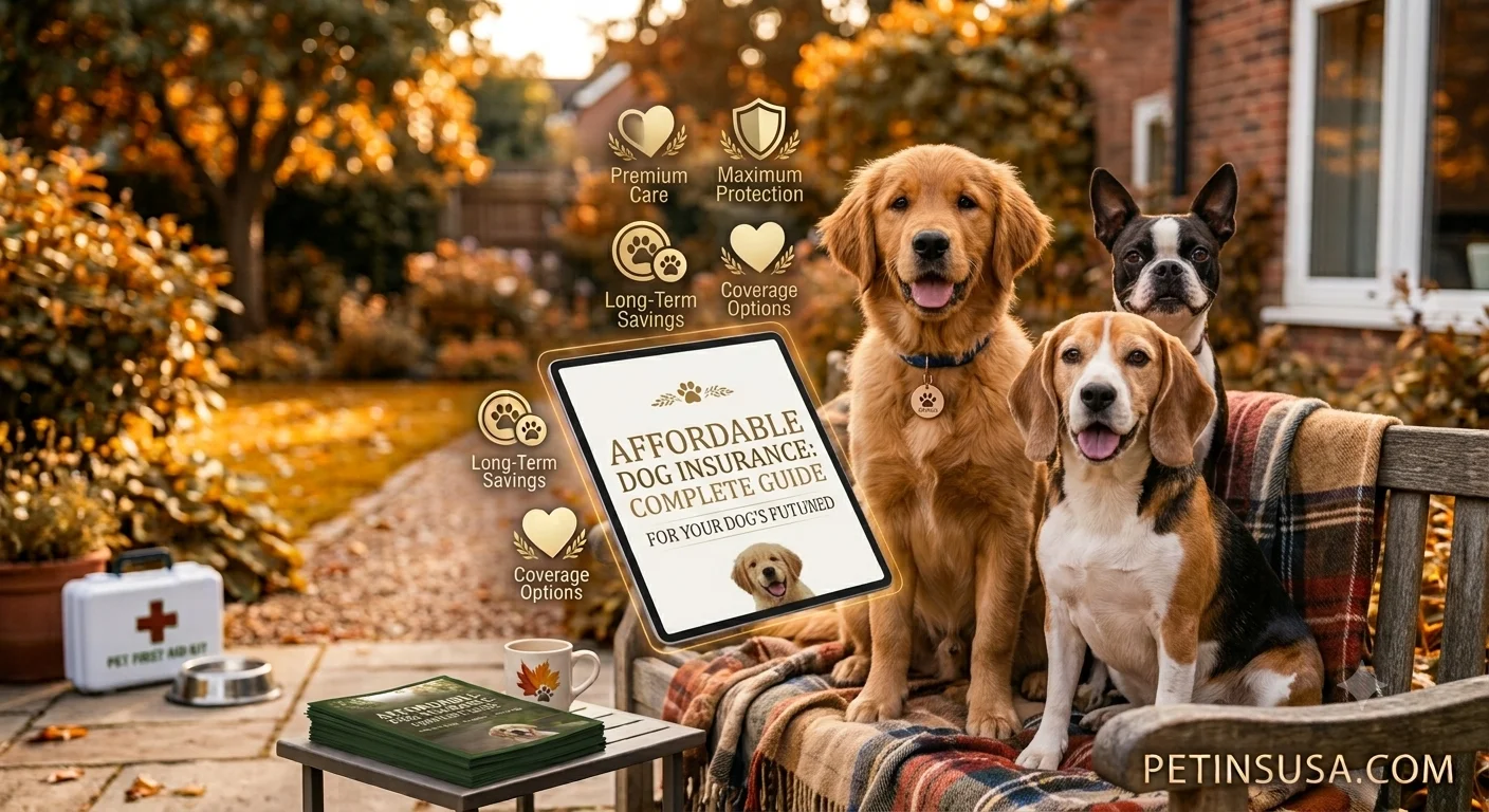 Dogs relaxing in an autumn garden with pet insurance guides showing affordable coverage options