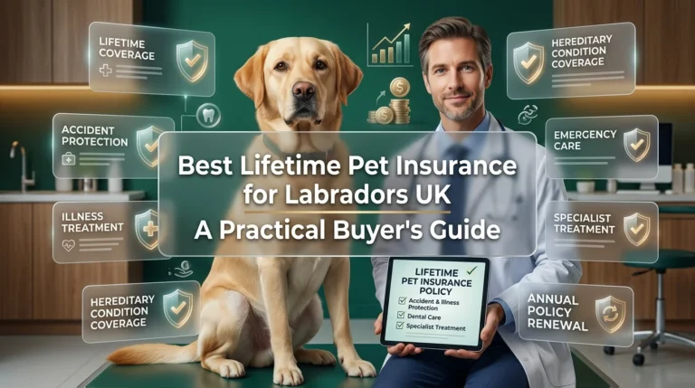 Dog sitting beside a vet with lifetime pet insurance documents showing coverage options and policy features