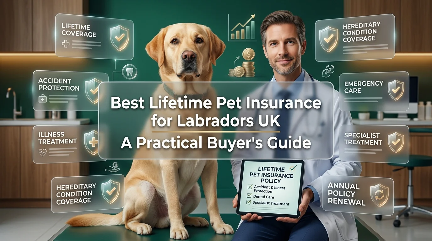 Dog sitting beside a vet with lifetime pet insurance documents showing coverage options and policy features