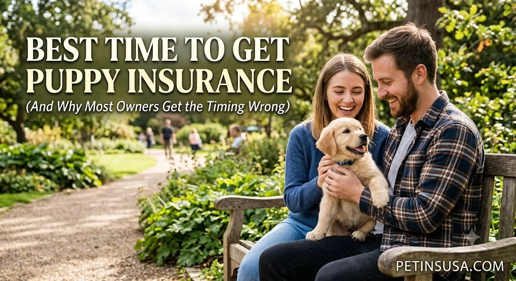 Happy puppy playing with a couple in a garden illustrating the best time to get puppy insurance
