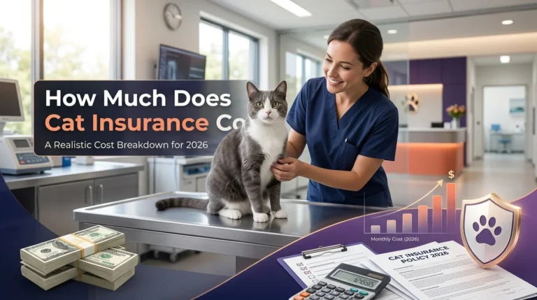 Cat receiving veterinary care with pet insurance documents, calculator, and cost breakdown chart showing coverage expenses