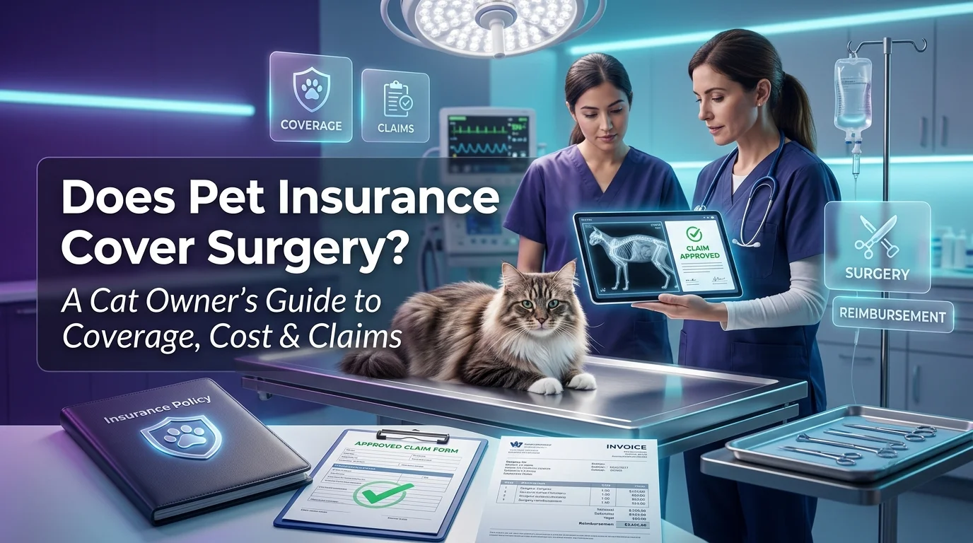 Cat receiving veterinary surgical care with nurses reviewing treatment details, X-ray scans, and pet insurance coverage information