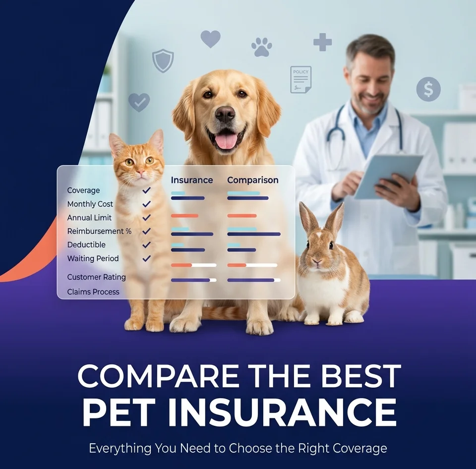 Dog, cat, and rabbit with a veterinarian reviewing pet insurance coverage comparison documents