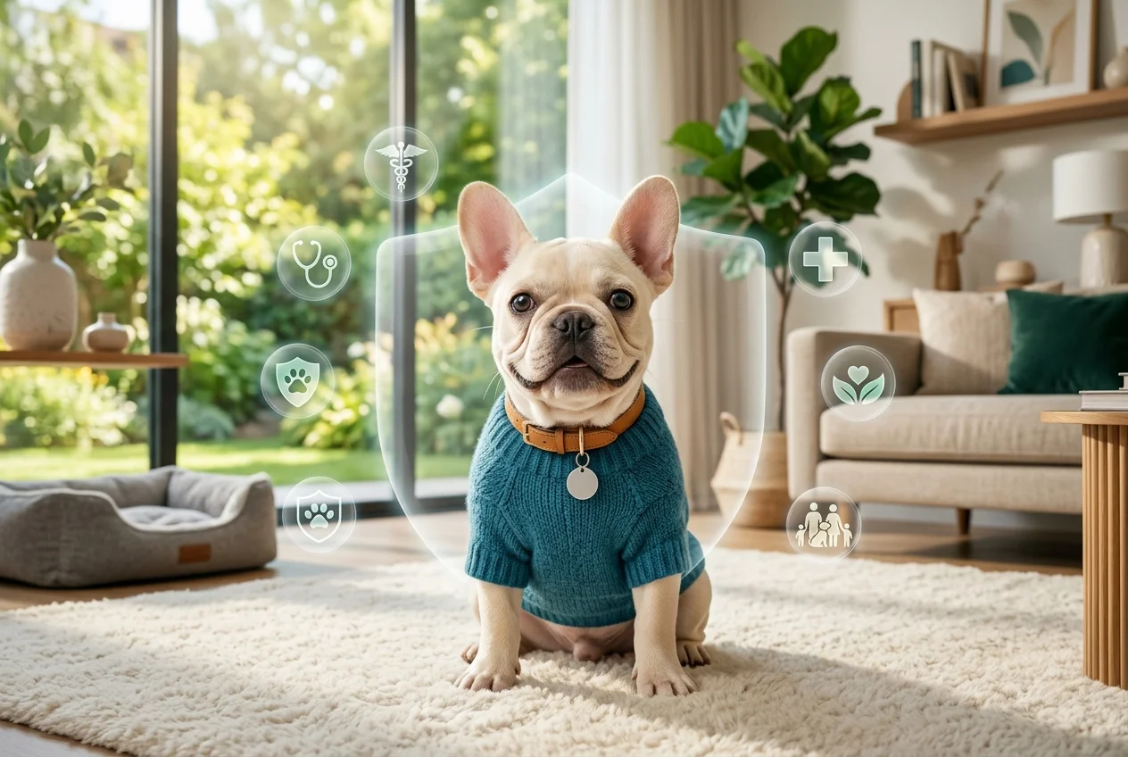 Happy dog indoors with insurance protection representing pet coverage and care