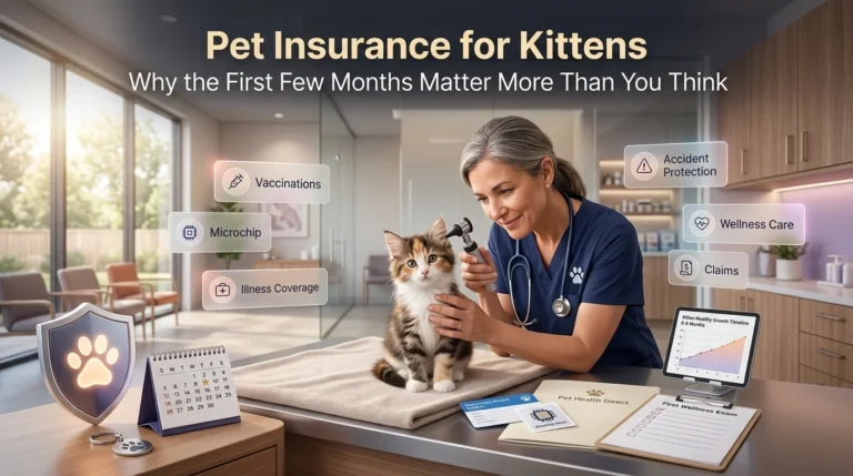 Young cat at a vet clinic with insurance details highlighting the importance of early kitten care