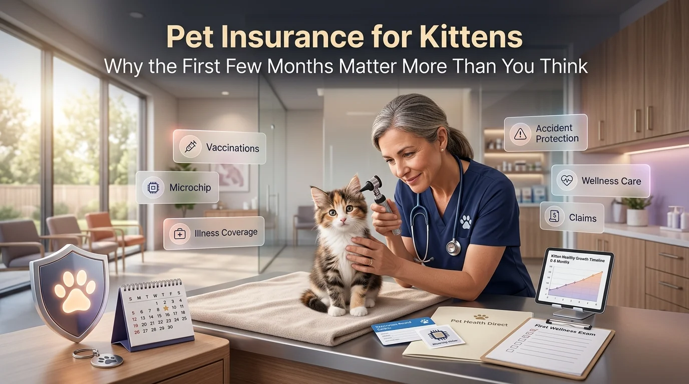 Young cat at a vet clinic with insurance details highlighting the importance of early kitten care