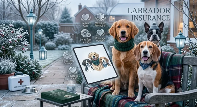 Labrador dogs outdoors with an insurance guide highlighting long-term pet protection and coverage