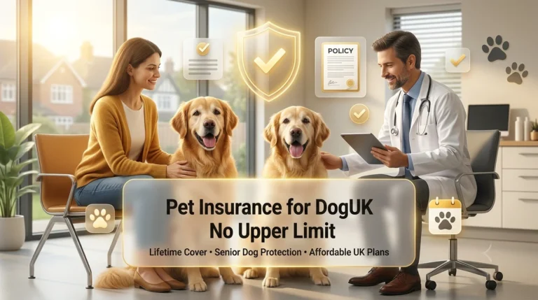 Senior dogs and owner at a vet representing affordable lifetime pet insurance plans in the UK