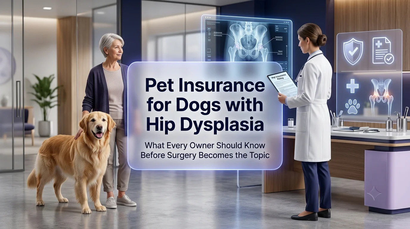 Dog with hip dysplasia and its owner discussing pet insurance and treatment options with a veterinarian