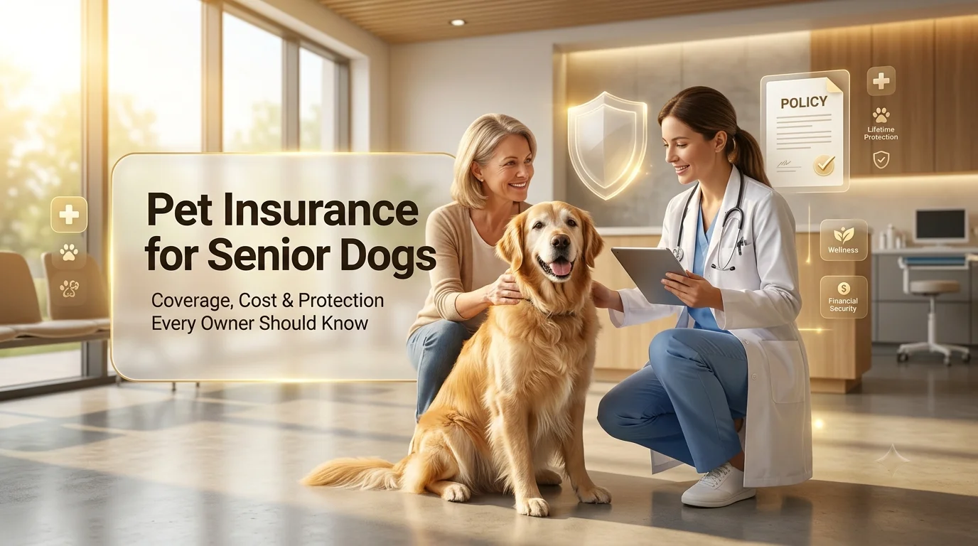 Senior dog with its owner at a veterinary clinic discussing pet insurance coverage and costs in the USA