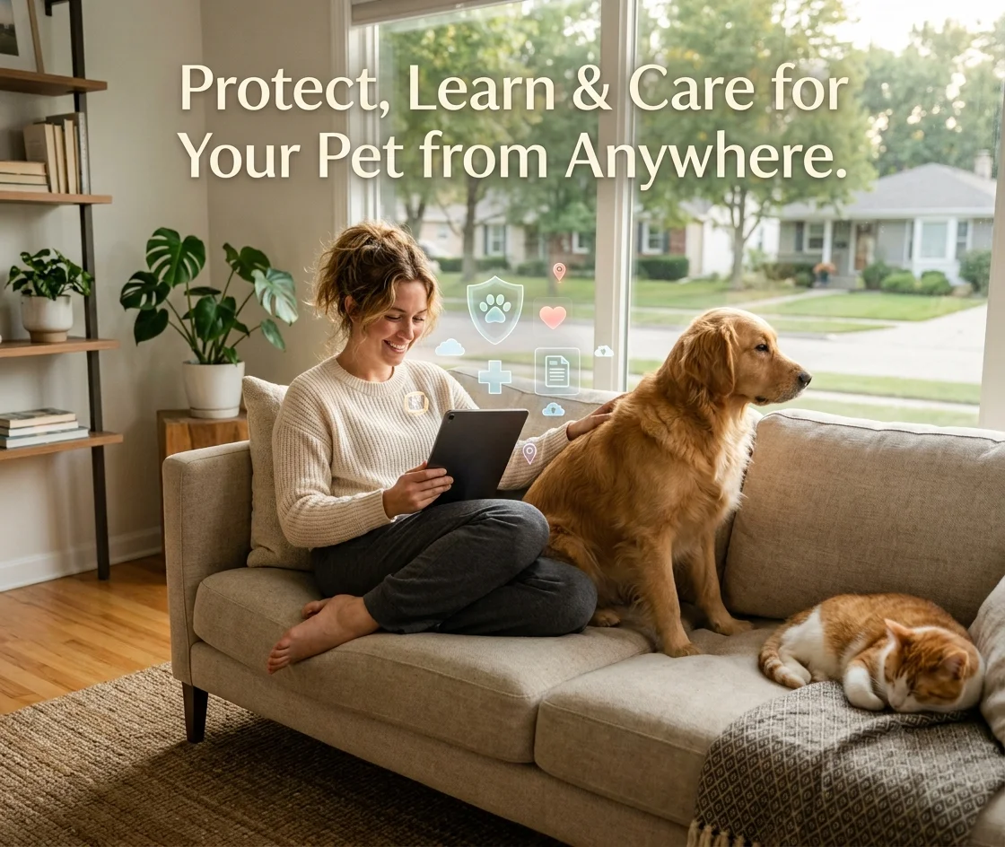 Happy dog and cat with their owner on a couch learning about pet insurance coverage