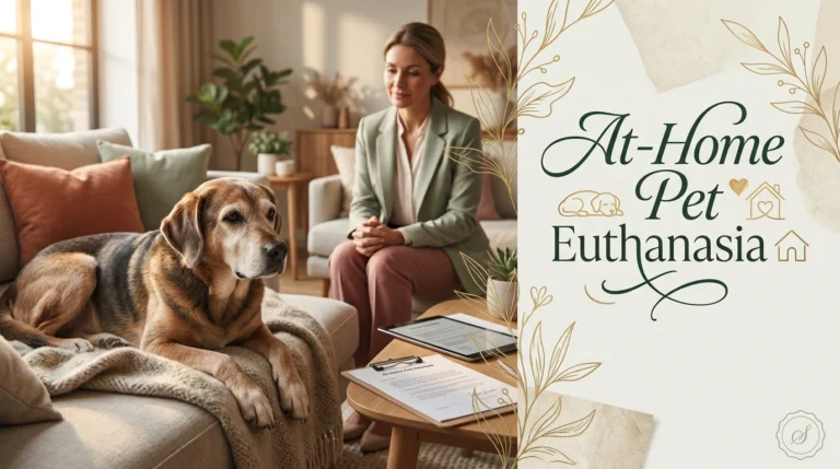Dog resting comfortably on a sofa beside its owner at home during an at-home pet euthanasia visit
