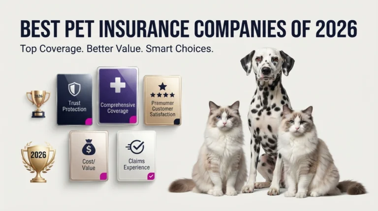 Dog and cats beside insurance-related labels, representing the best pet insurance companies