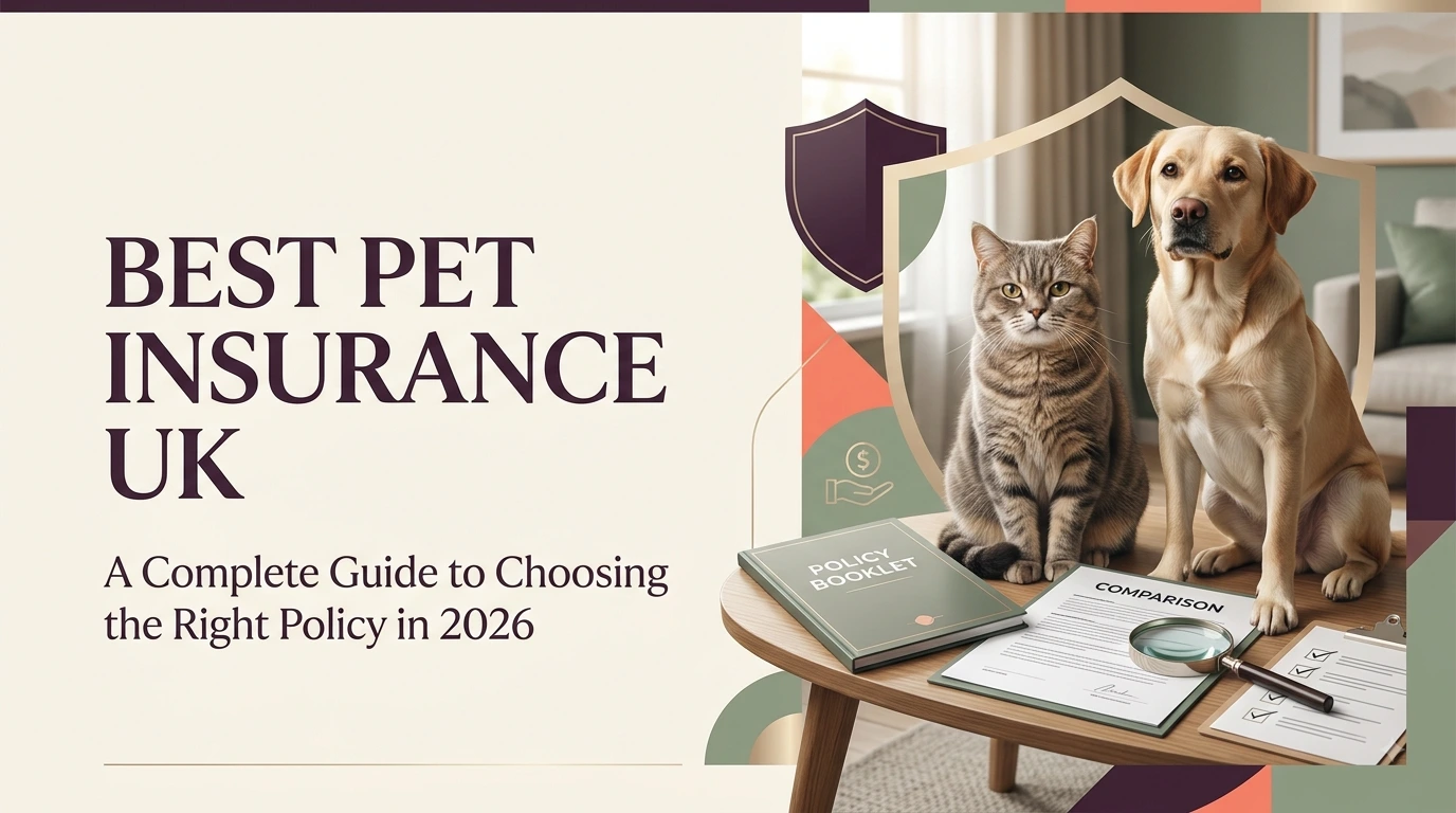 Dog and cat with insurance policy documents showing coverage options