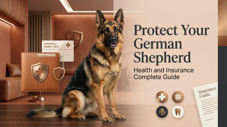 German Shepherd at a veterinary clinic beside health records and a guide to German shepherd insurance and protection.