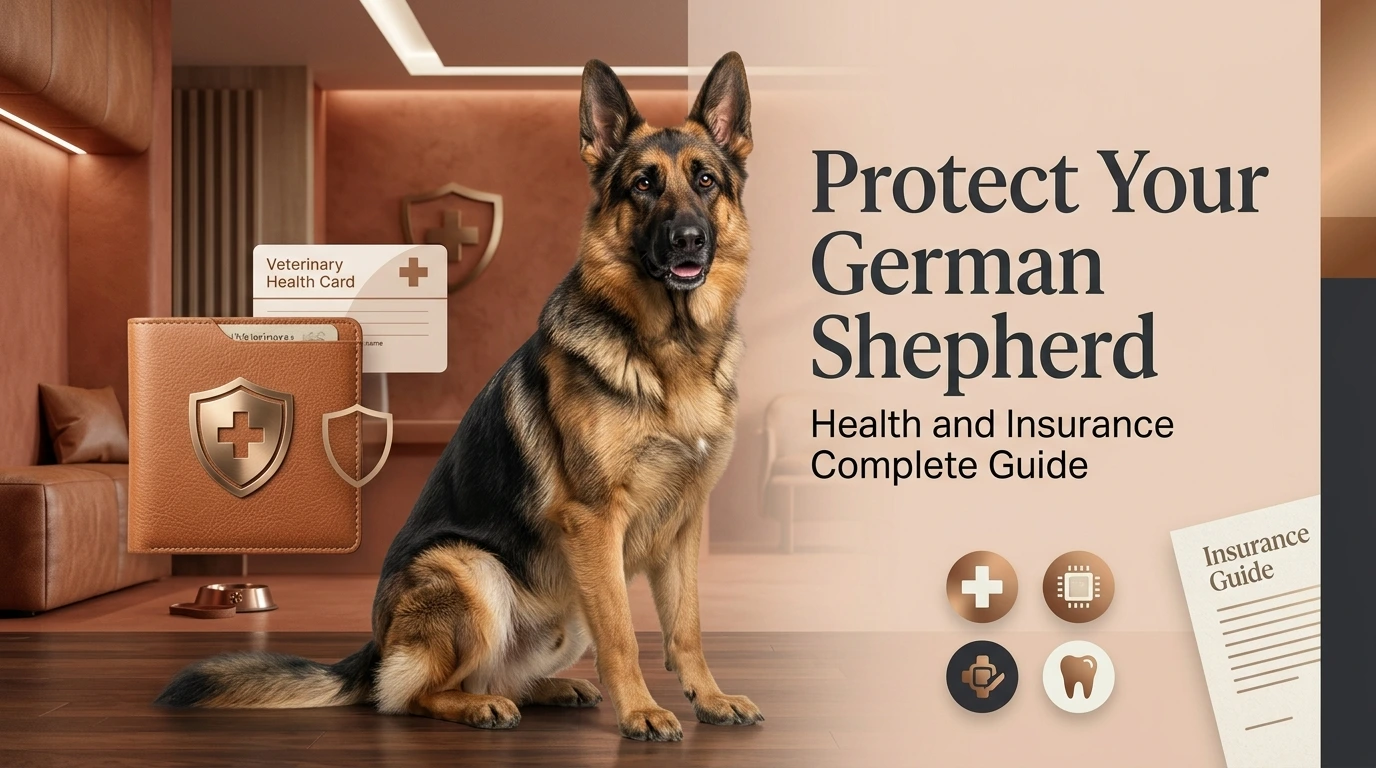 German Shepherd at a veterinary clinic beside health records and a guide to German shepherd insurance and protection.