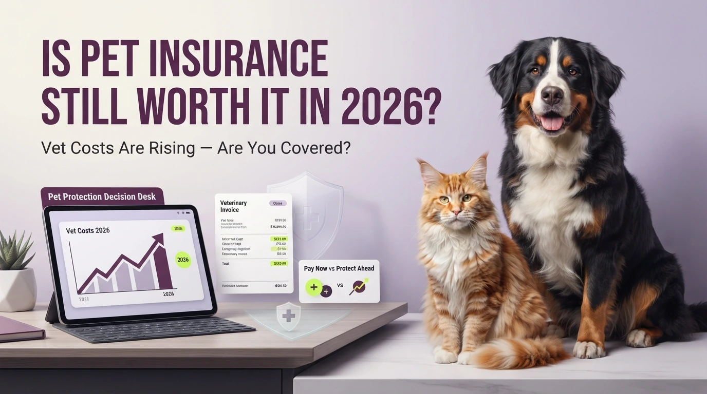 Dog and cat beside a laptop showing rising vet costs, with pet protection information