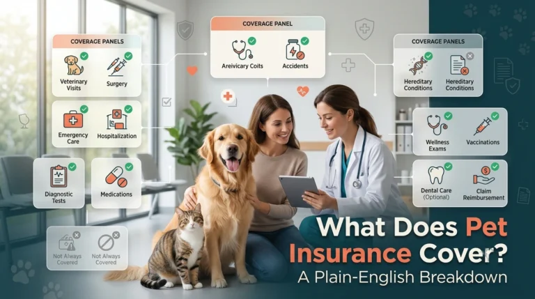 Veterinarian and pet owner with his pets reviewing pet insurance coverage and protection options for pet
