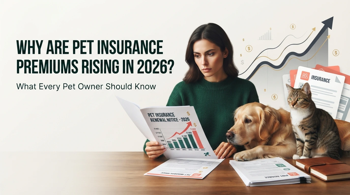 Woman reviewing pet insurance documents beside a rising cost graph, with a dog and cat nearby